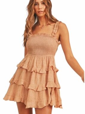 Mable Lulaa Swiss Dot Smocked Open Back Ruffle Tiered Mini Dress Size Small